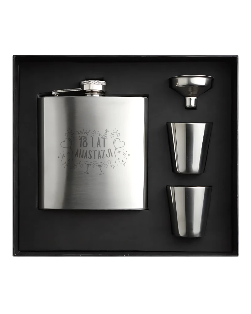 Personalizowana Urodzinowa Piersiówka 175ml z 2 kieliszkami i lejkiem, Wzór 5