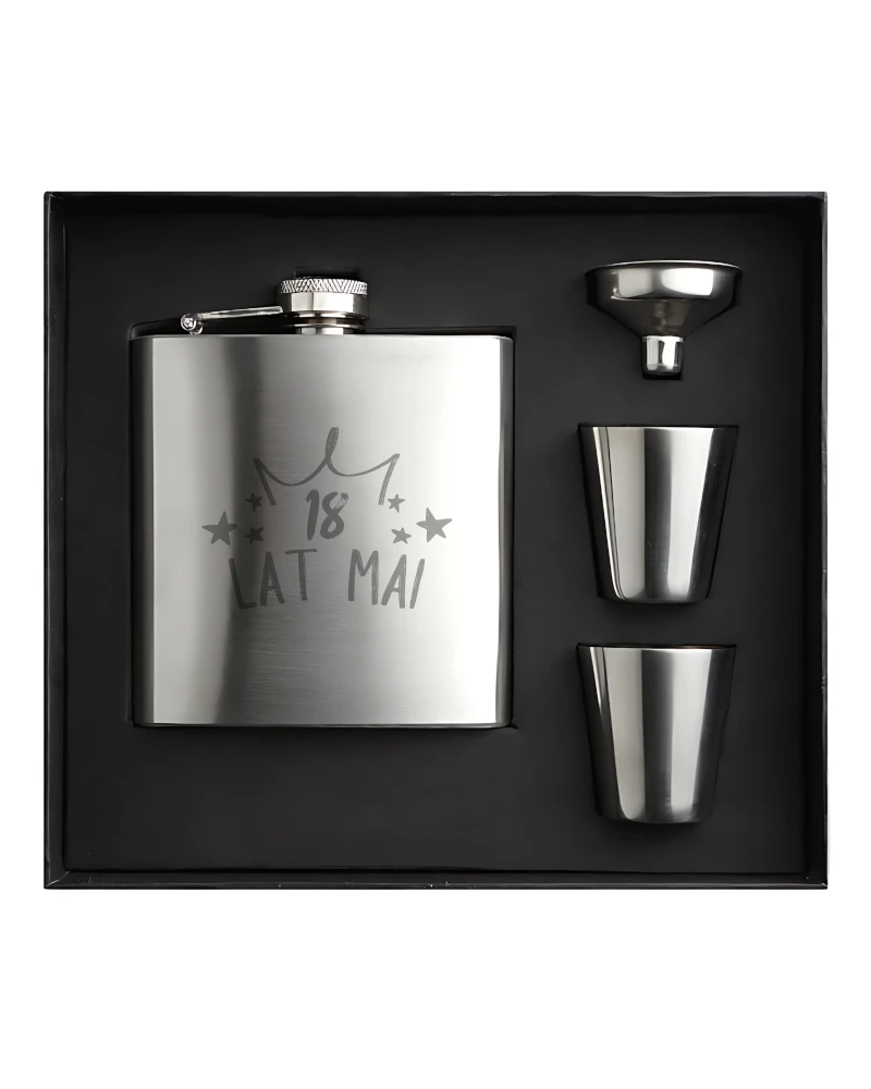 Personalizowana Urodzinowa Piersiówka 175ml z 2 kieliszkami i lejkiem, Wzór 3