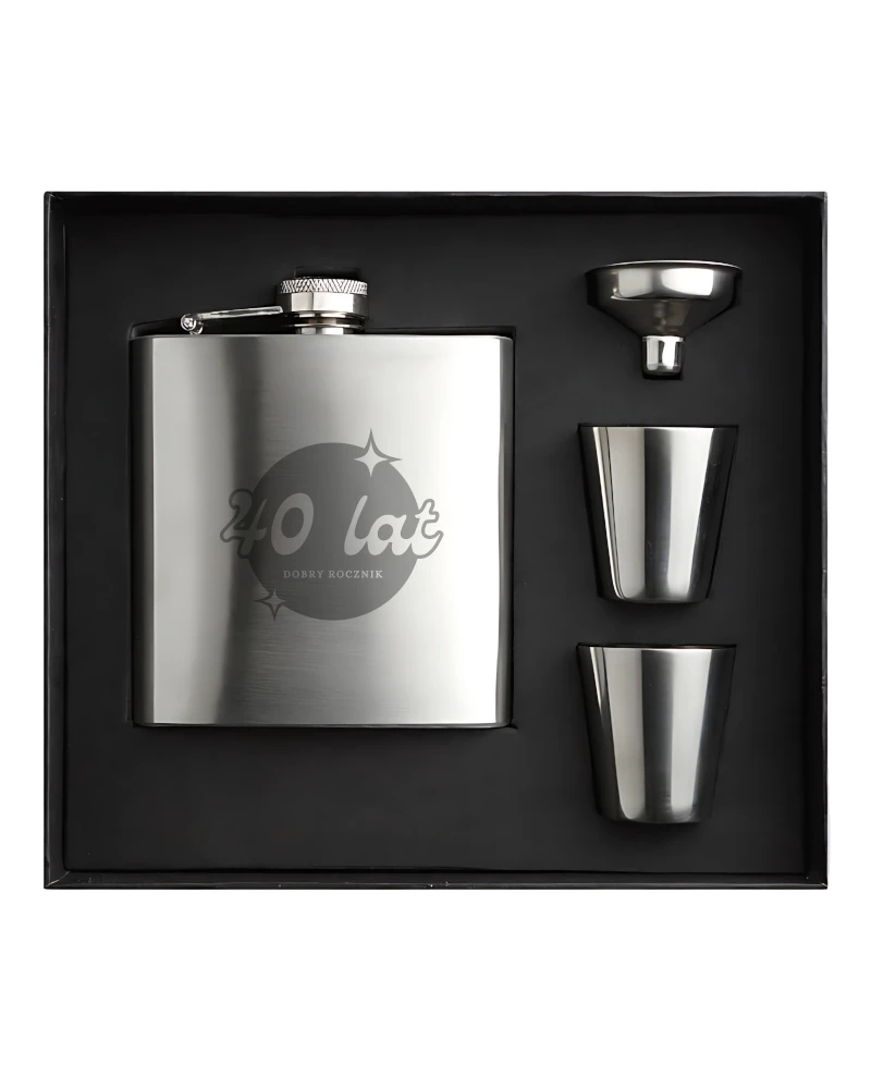 Piersiówka 175ml na 40 Urodziny z 2 kieliszkami i lejkiem, Wzór 2