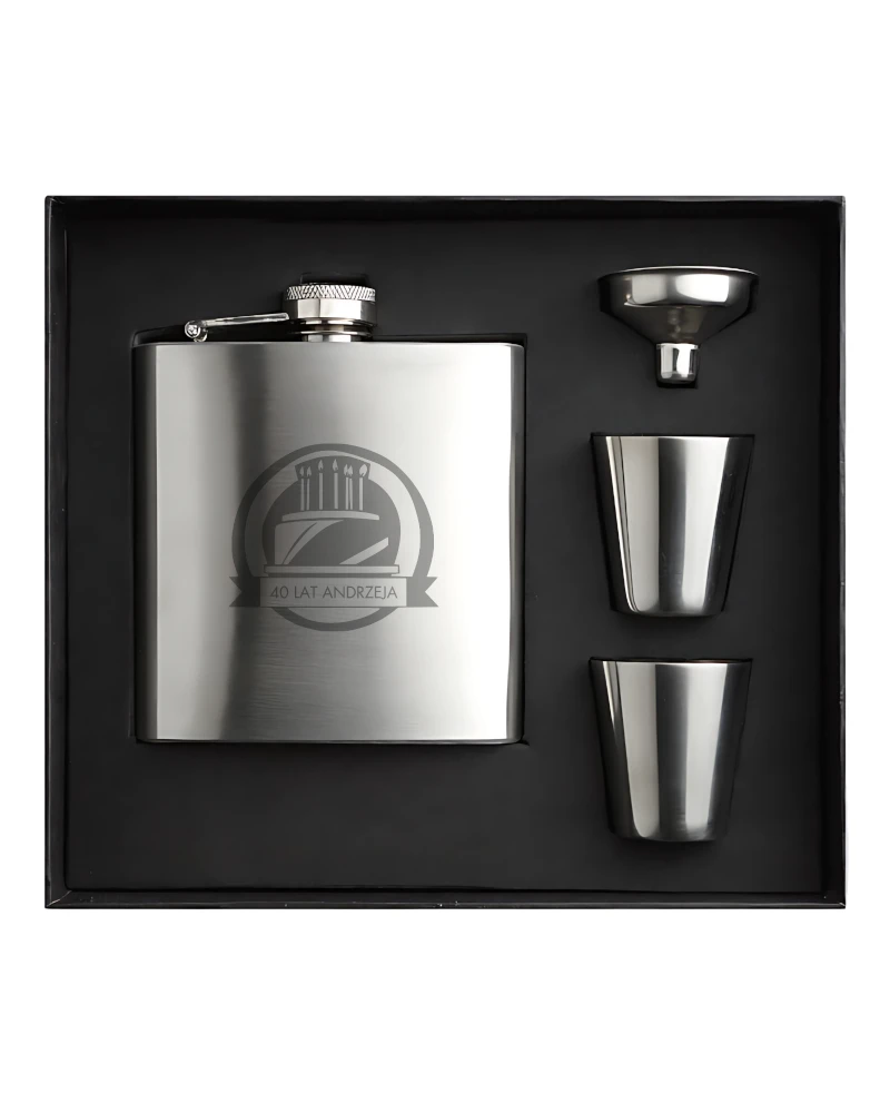 Personalizowana Urodzinowa Piersiówka 175ml z 2 kieliszkami i lejkiem, Wzór 8